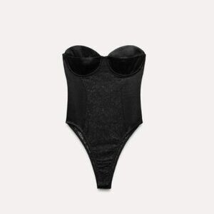 Zara Black Strapless Bustier/Corset Satin & Lace Bodysuit